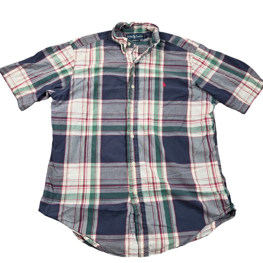 Polo Ralph Lauren Shirt Mens Medium Blue Plaid Short Sleeve Button Down Classic